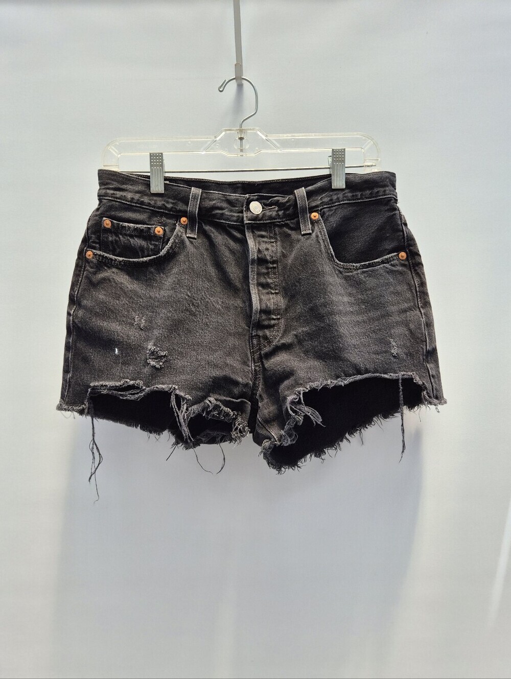 Levi's Premium 501 Original High Rise Denim Shorts Wise Up Black 29 Distressed